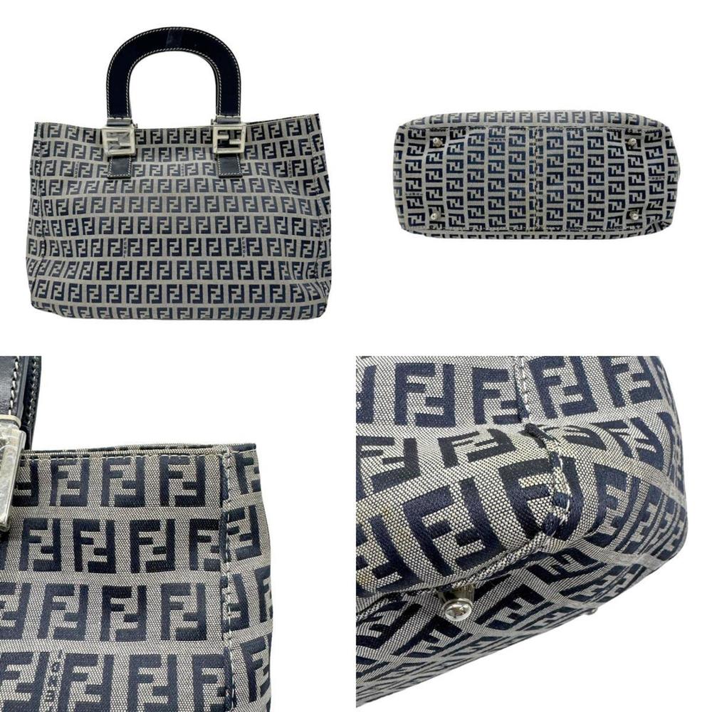 FENDI Zucchino Handbag Canvas/Leather Navy Women's z0588 - Picture 3 of 5